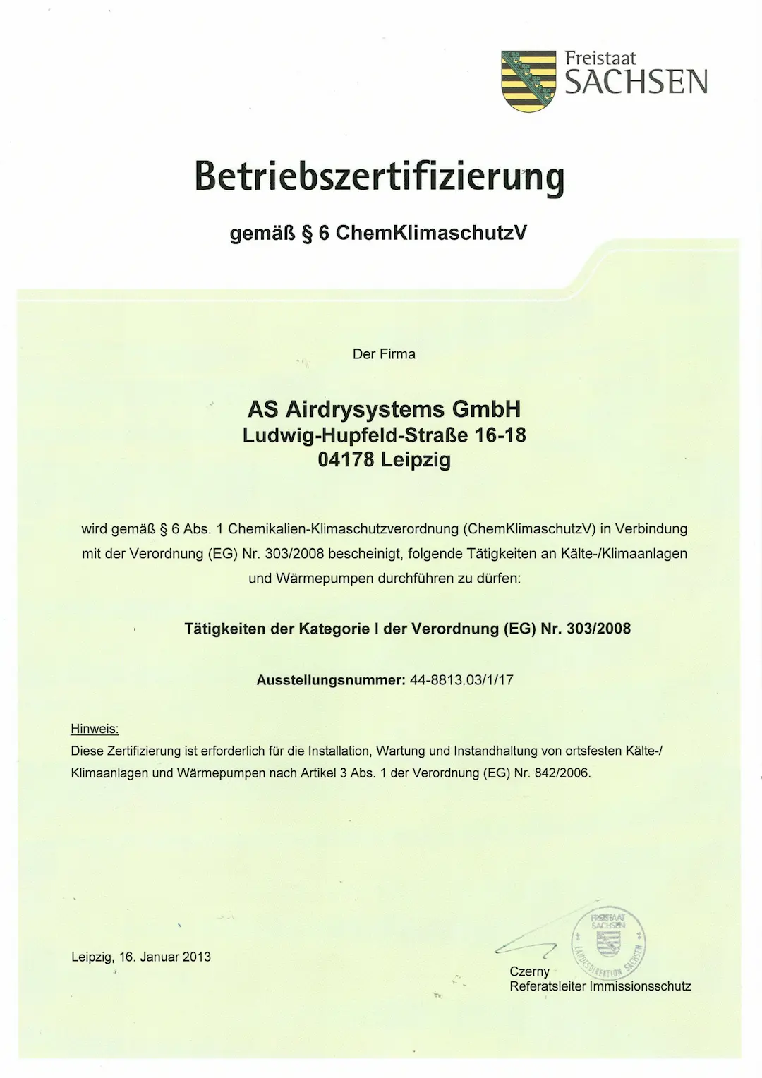 Zertifizierung nach § 6 ChemKlimaschutzV Kategorie I