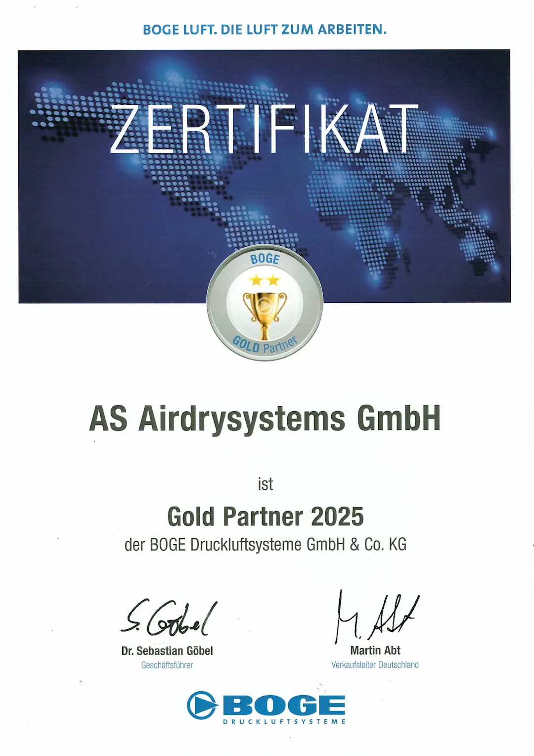 BOGE Gold Partner 2025 Zertifikat
