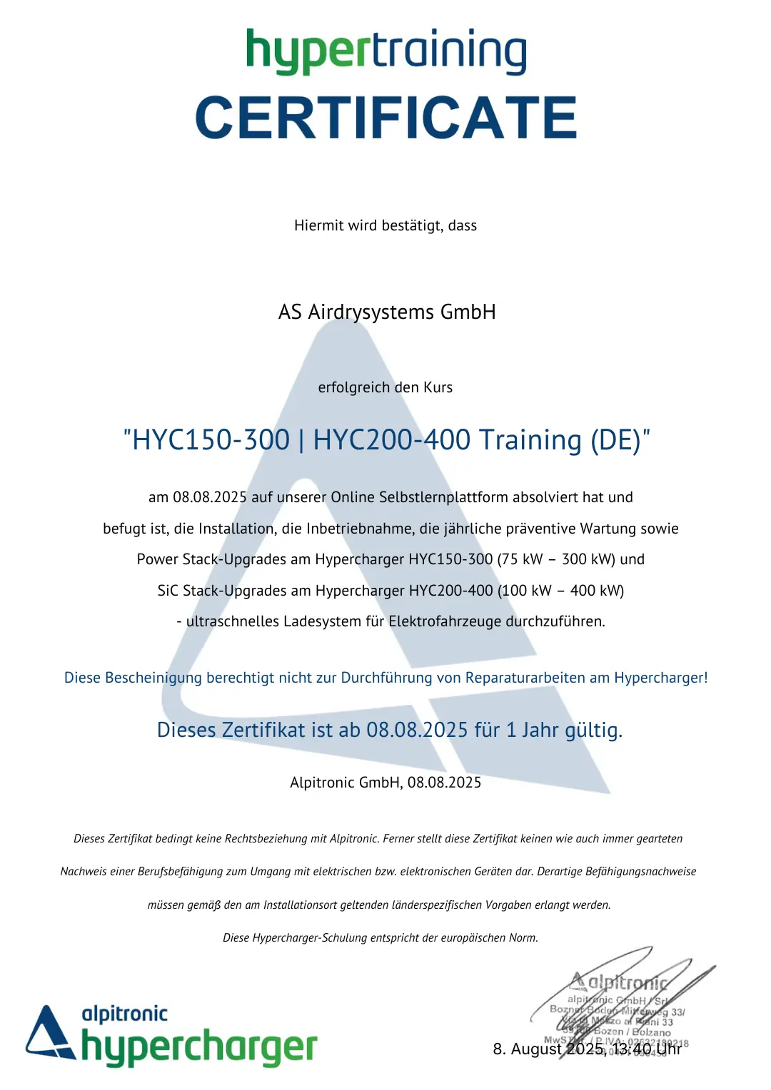 Hypercharger Training Zertifikat HYC150-300 und HYC200-400